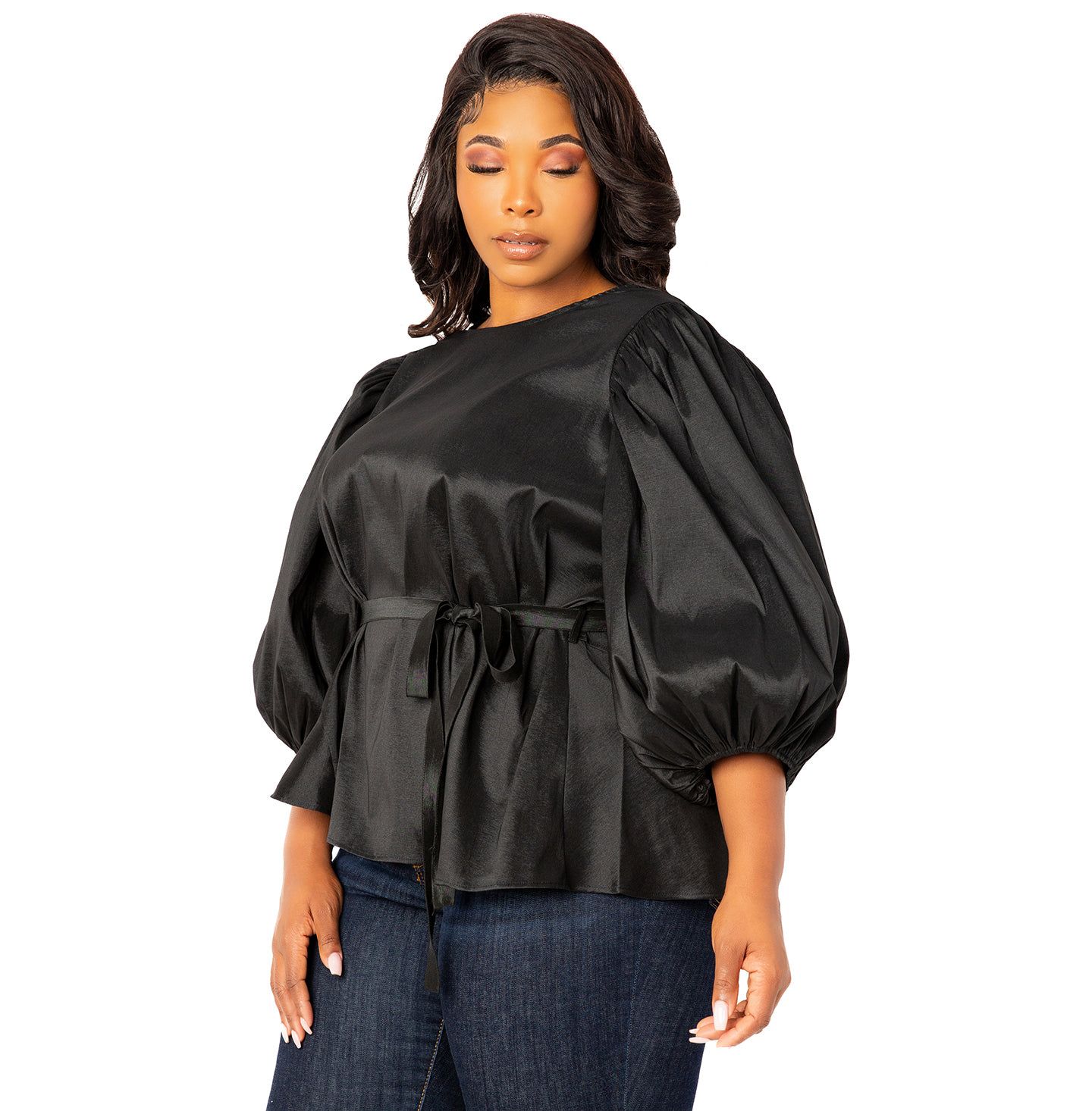 Женская блузка Buxom Couture Plus Size Tie Waist Voluminous Sleeve, цвет: Чёрный — фото 2