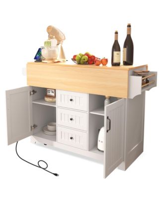 55.7" Large Kitchen Island with 2 Drop Leafs, Rolling Cart, Power Outlet, Folding Dining Table, Spice Rack, No Stools