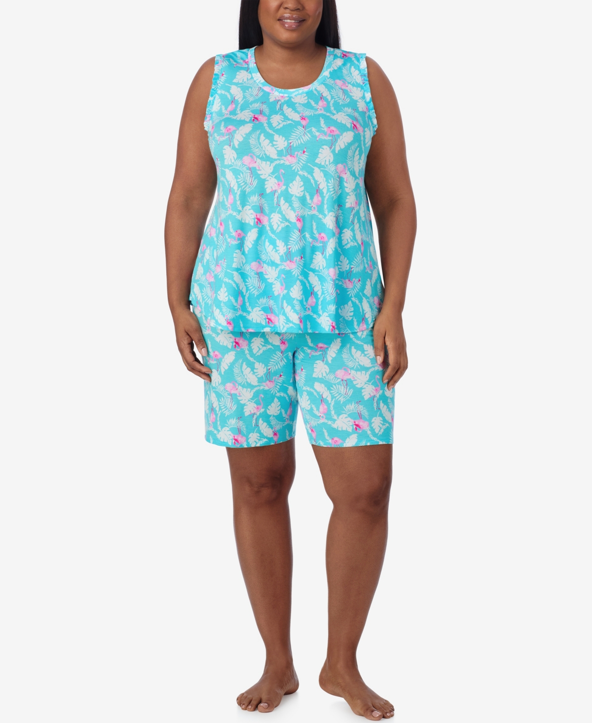 Plus Size Sleeveless Bermuda Pajama Set - Flamingo Aqua