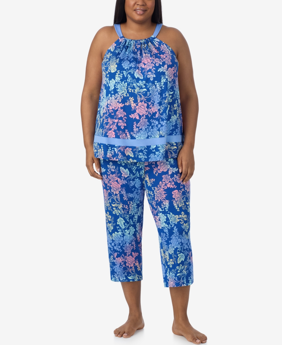 Plus Size Sleeveless Cropped Pajama Set - Boho Floral