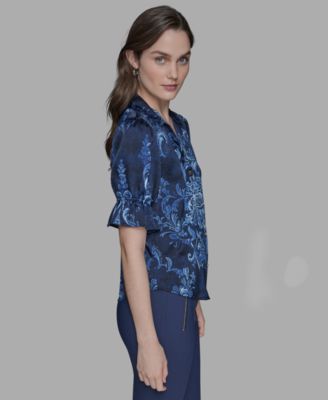 Petite Printed Puff-Sleeve Button-Front Shirt