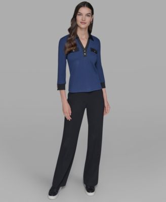 Petite Collared V-Neck Rib-Knit Top