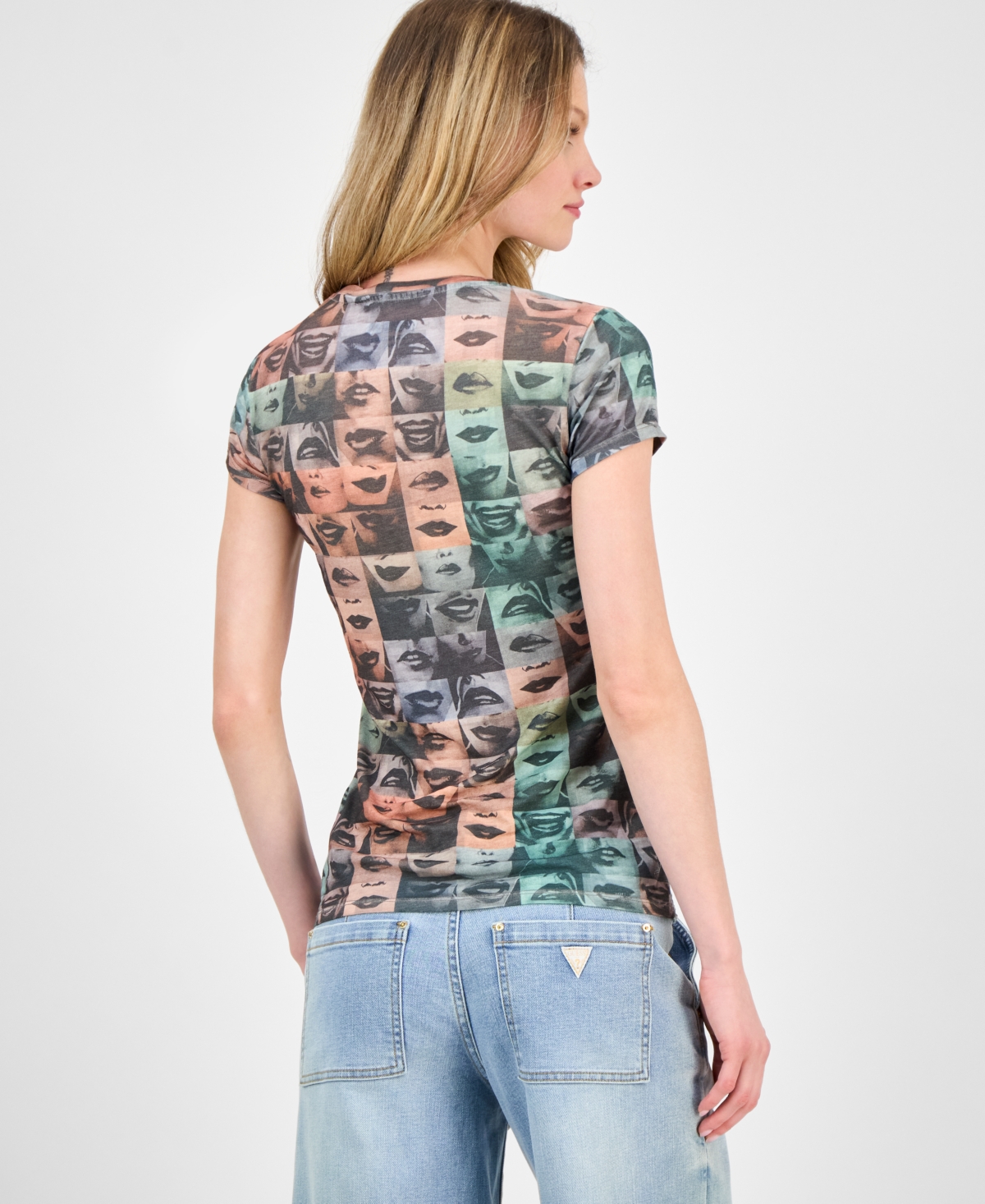 Guess Checkered Lips Crewneck T-shirt In Blue