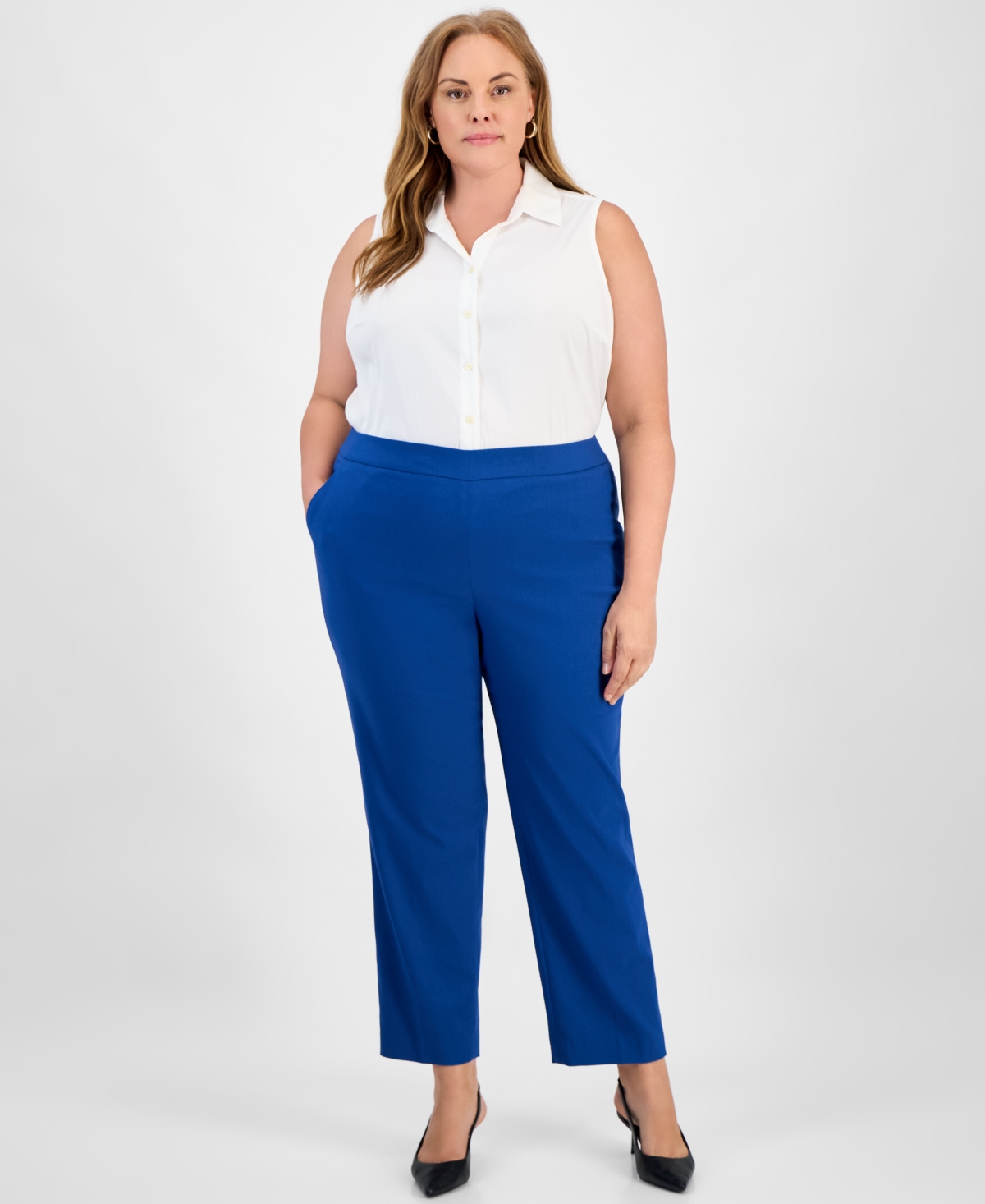 Kasper Plus Size High Rise Straight Leg Pull-on Pants In Blue
