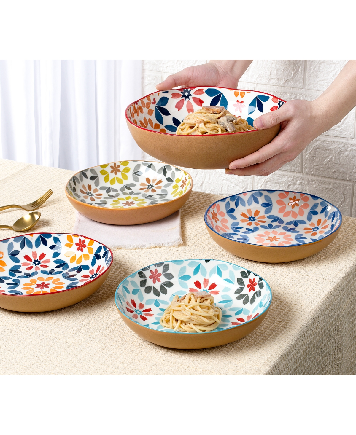 Lorren Home Trends Geo Floral 5-pc. Pasta/all-purpose Bowl Set In Multi