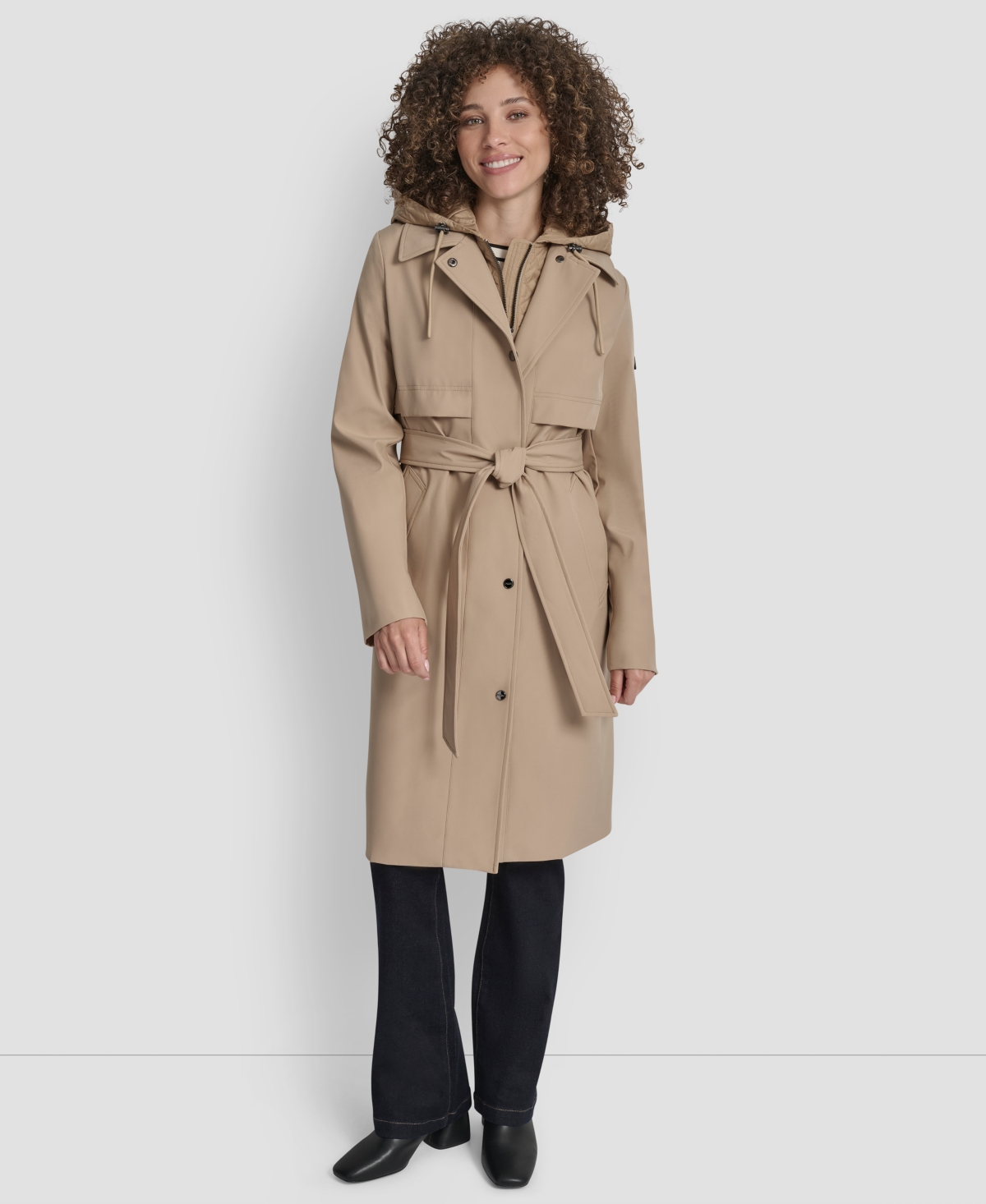 Women's Hooded Bibbed Belted Trench Coat - Black