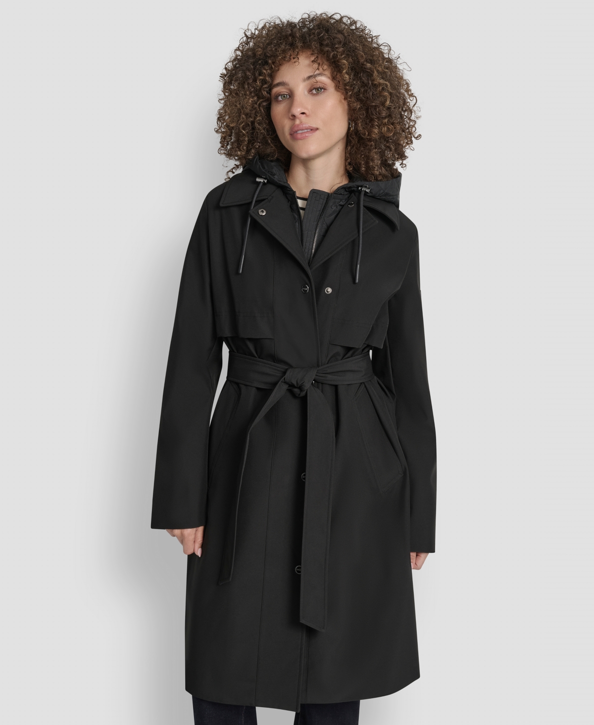 Women's Hooded Bibbed Belted Trench Coat - Black