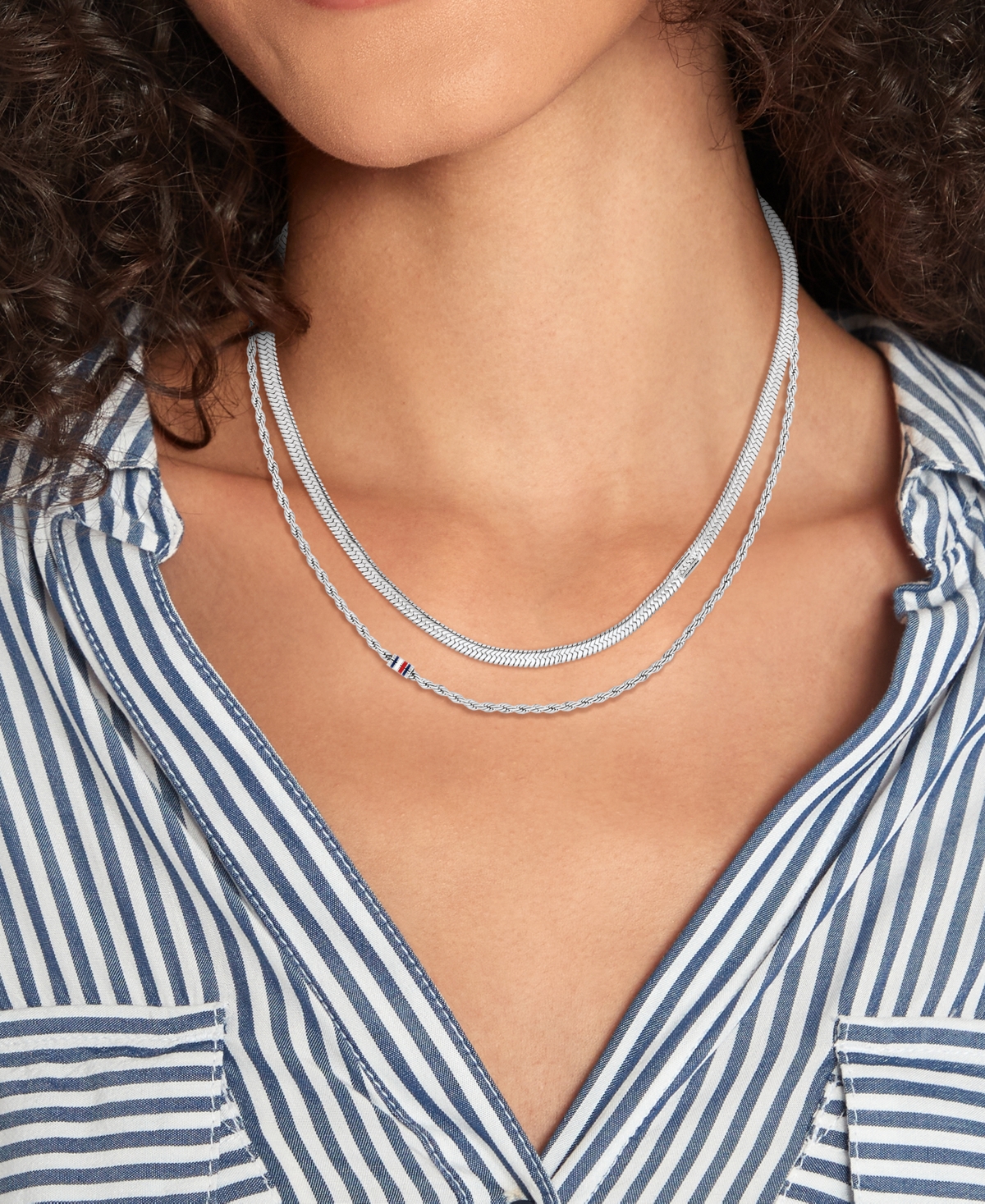 Tommy Hilfiger Layered Collar Necklace, 16" + 2" Extender In Silver