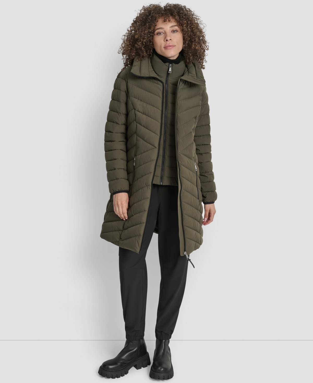 Dkny Women's Bibbed Packable Puffer Coat In Green