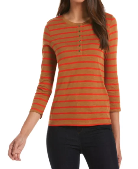 Petite Cotton Knit 3/4 Sleeve Henley Top - Chipmunk