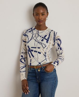(取寄) ローレン ラルフローレン レディース ベルティング-プリント コットンブレンド セーター Lauren Ralph Lauren women Belting-Print Cotton-Blend Sweater Cream/Navy Multi 33263362_fpx.tif?$filterlrg$&