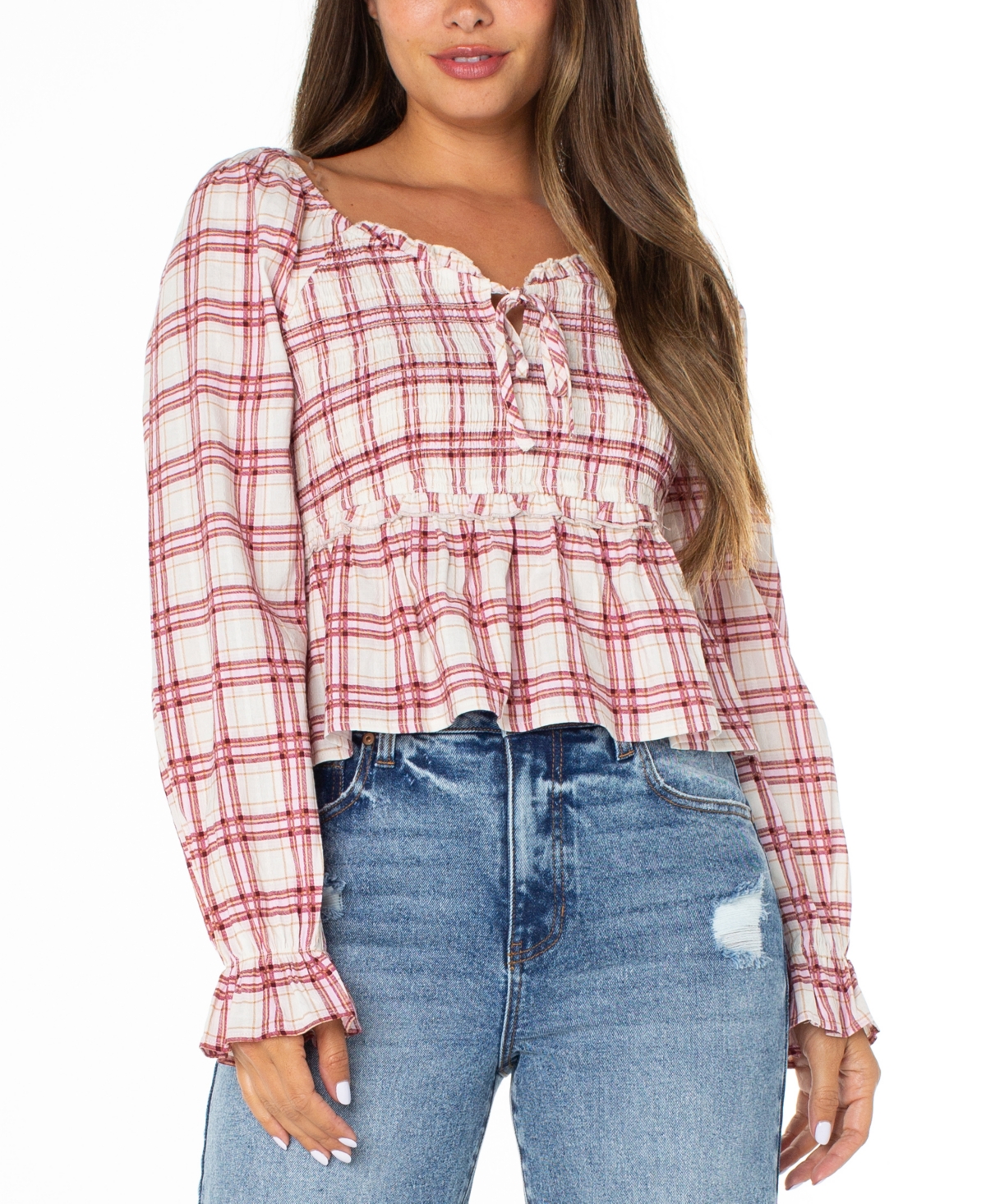 Juniors' Plaid Ruffle-Trim Babydoll Top - Ballet Slipper Plaid