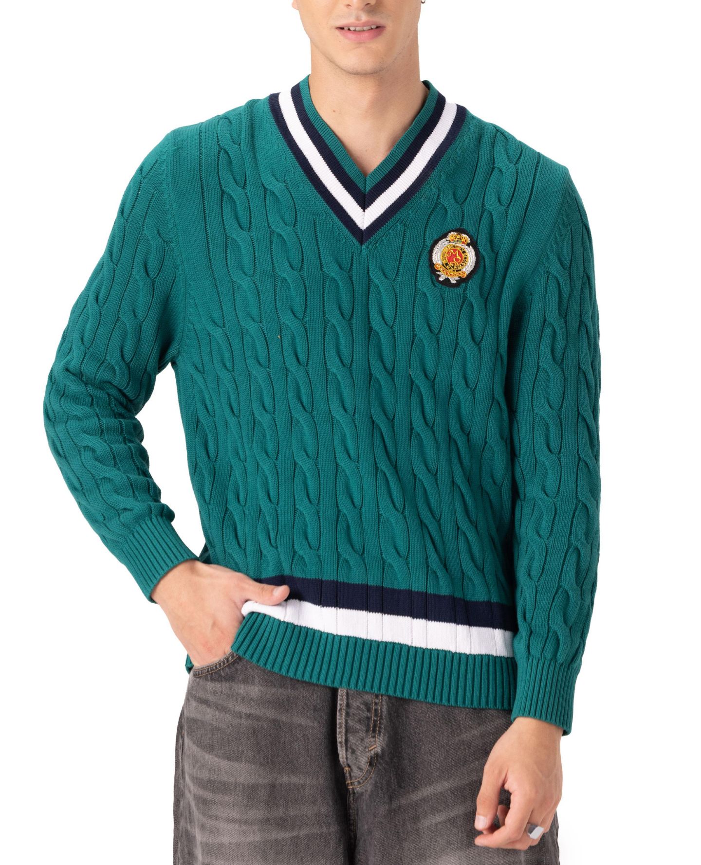 Мужской свитер Members Only Cotton Cable Knit Cricket, цвет: Зелёный — фото 1