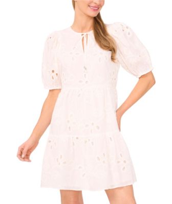 Women's Tie-Neck Embroidered Tiered Short-Sleeve Dress