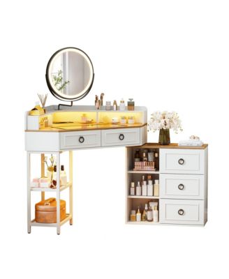 Corner vanity desk with mirror, three-color LED lights, and charging station.