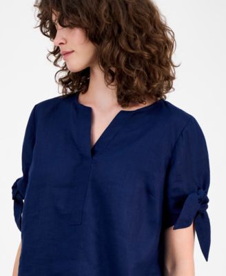 Women's 100% Linen Split-Neck Tie-Cuff Top, Created for Macy's