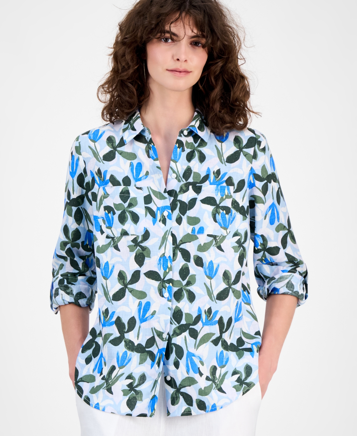 Charter Club Women's Floral-print Roll-tab 100% Linen Shirt, Macy's Exclusive