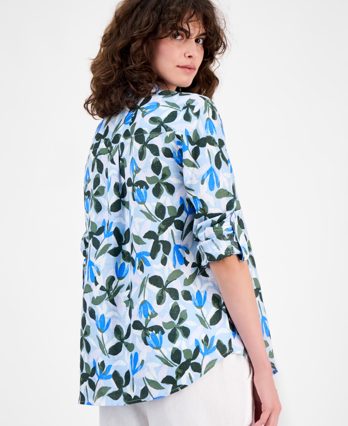Charter Club Women's Floral-print Roll-tab 100% Linen Shirt, Macy's Exclusive In Multi
