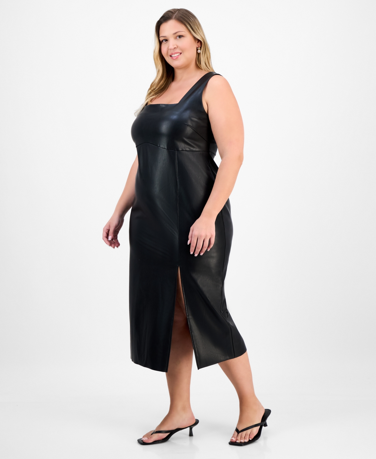 Bar Iii Trendy Plus Size Faux-leather Midi Dress, Macy's Exclusive In Black