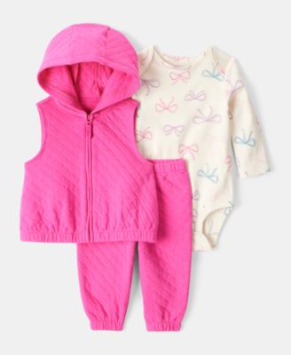 Carter's - Baby Girls Bow-Print Bodysuit, Quilted Vest & Pants, 3 Piece Set