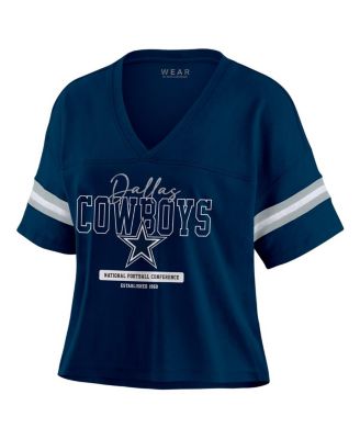 Women's Navy Dallas Cowboys Color Block Boxy Modest Crop V-Neck T-Shirt