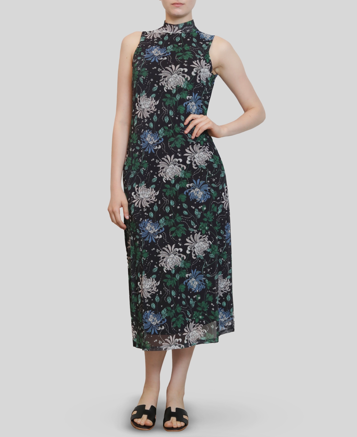 Juniors' Printed-Mesh Sleeveless Mock-Neck Dress - Dark Navy
