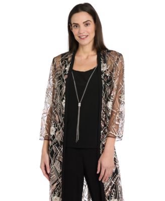 Women's Embellished Sheer Long Jacket, Sleeveless Top and Pants Set