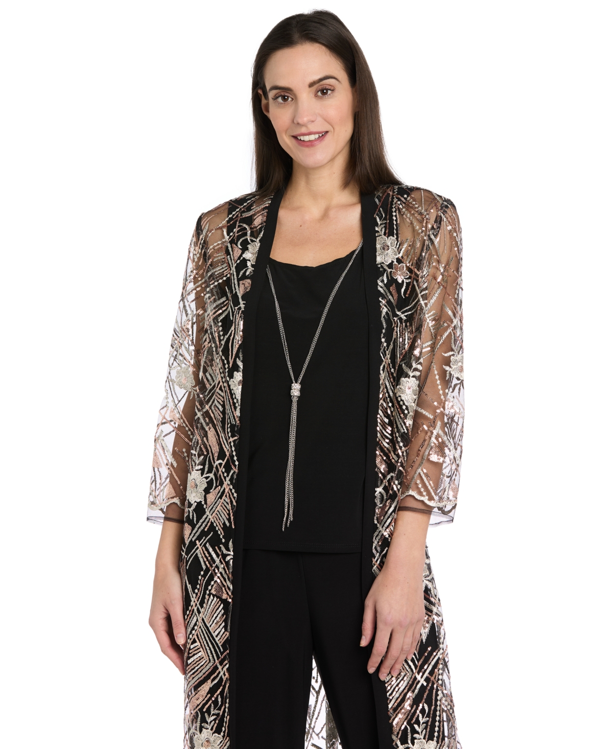 R & M Richards Women's Embellished Sheer Long Jacket, Sleeveless Top And Pants Set In Multi