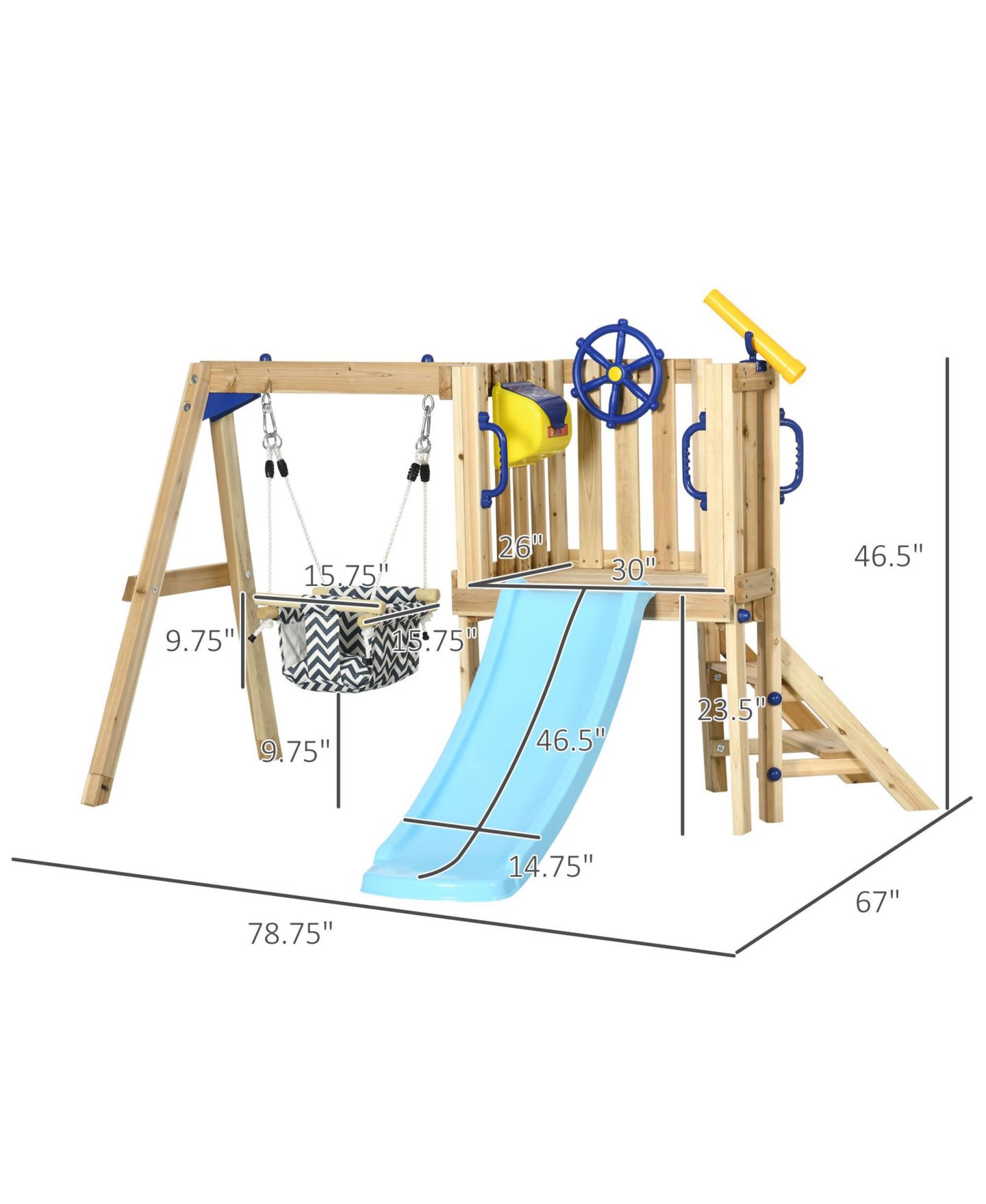 Детский игровой набор Outsunny 3 in 1 Wooden Outdoor Playset with Baby Swing Seat, Toddler Slide, Captain's Wheel & Telescope, Ages 1.5-4 — фото 3
