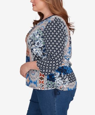 Plus Size Batik Patchwork Drawstring Closure Top