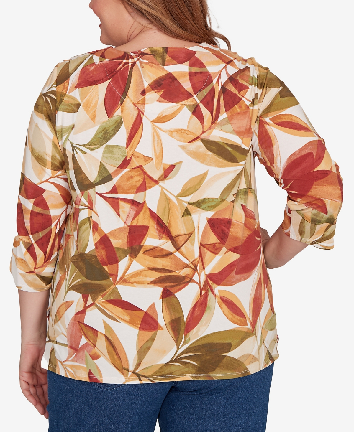 Alfred Dunner Plus Size Leaf Pleated Crew Neck Top In Multi