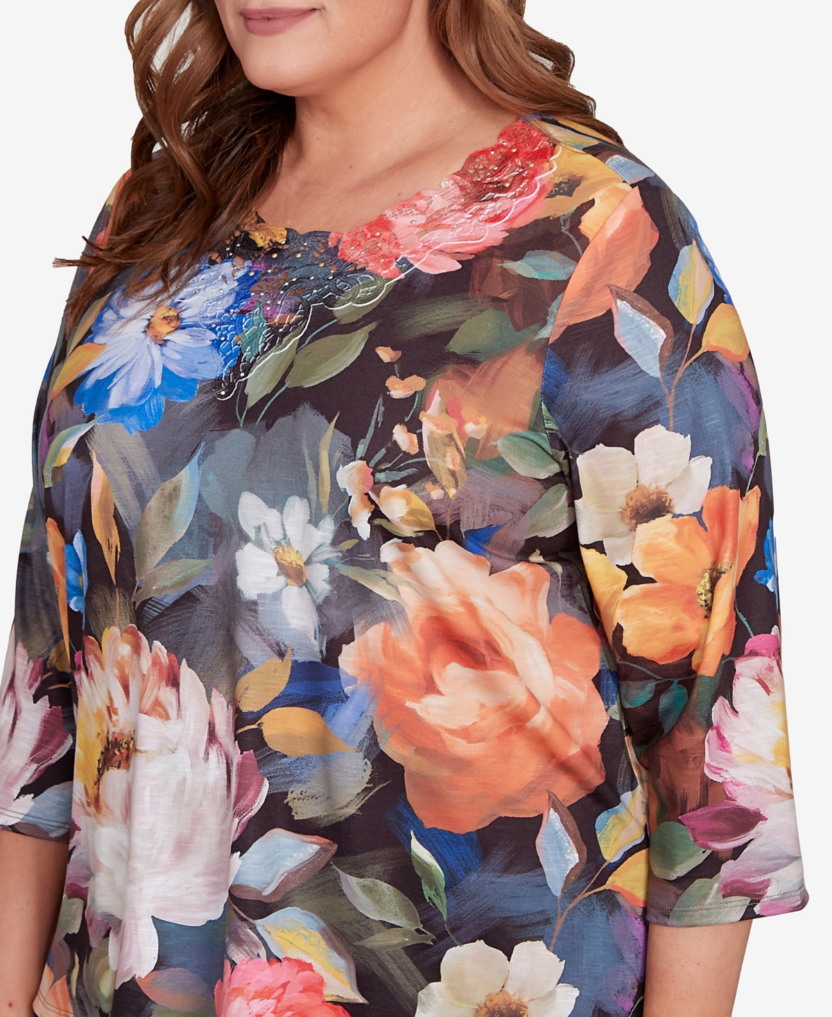 Alfred Dunner Plus Size Classic Dramatic Floral Lace Neck Top In Blue