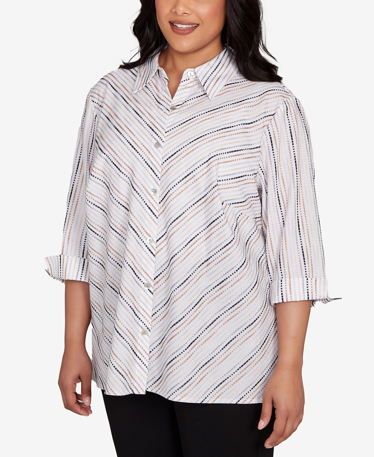 Alfred Dunner Plus Size Classic Mitered Textured Stripe Button Front Top