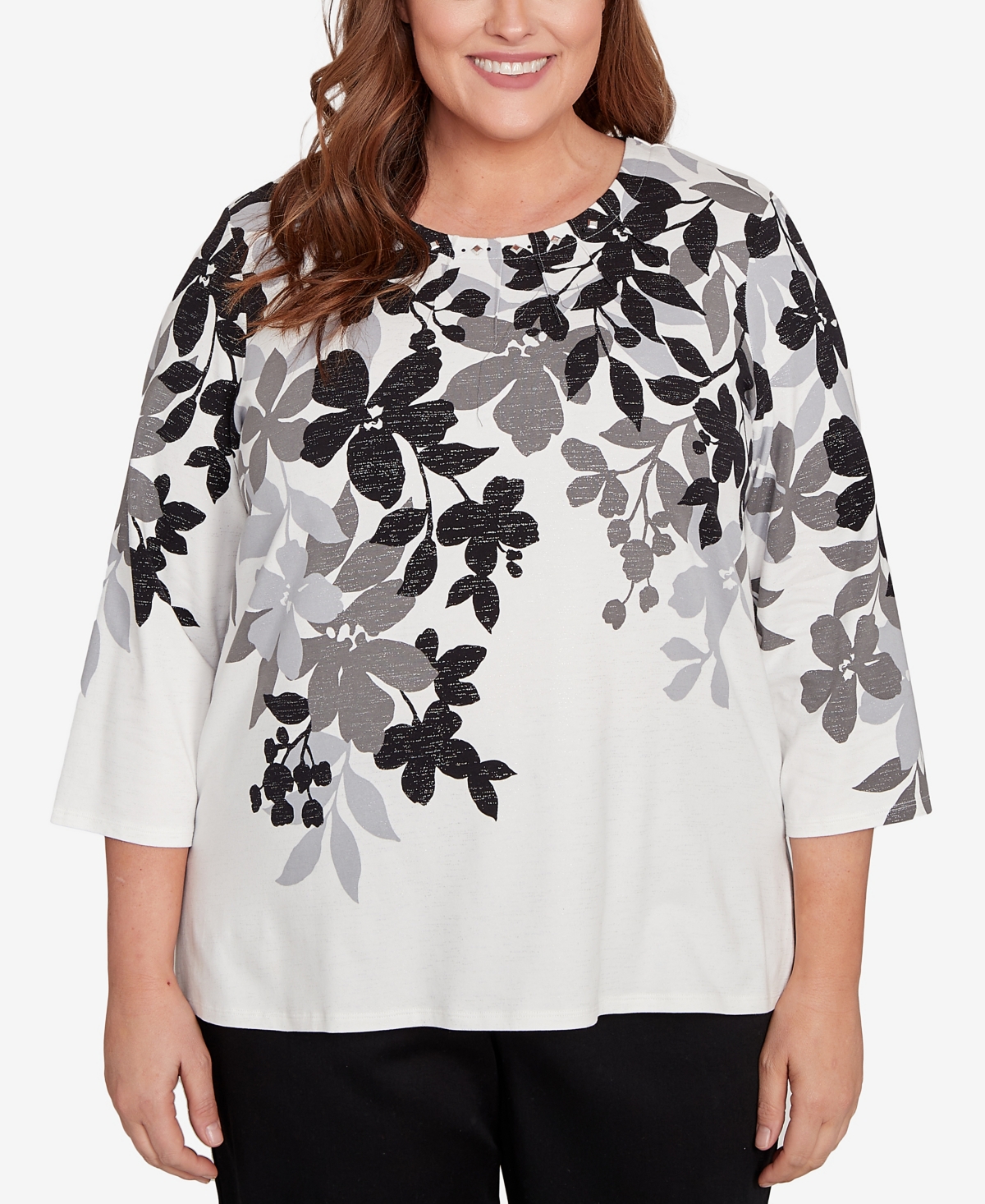 Alfred Dunner Plus Size Classic Shadow Leaf Three Quarter Sleeve Top In Multi