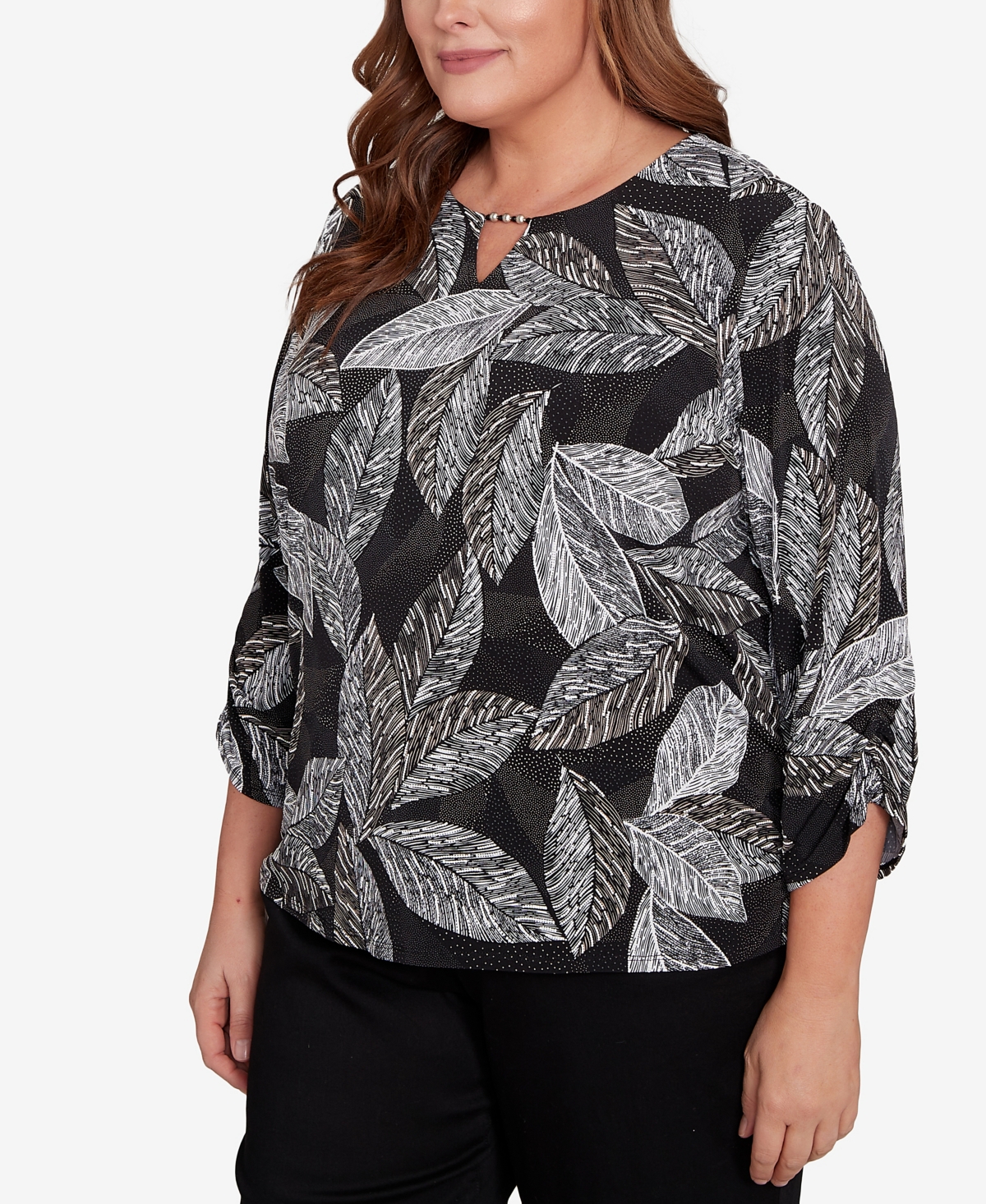 Alfred Dunner Plus Size Classic Puff Print Leaf Keyhole Neck Top In Black
