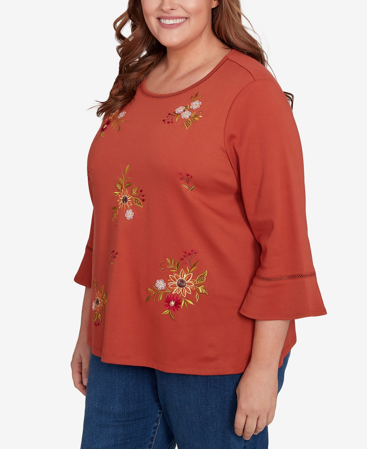 Alfred Dunner Plus Size Classic Tossed Floral Flutter Sleeve Top In Brown