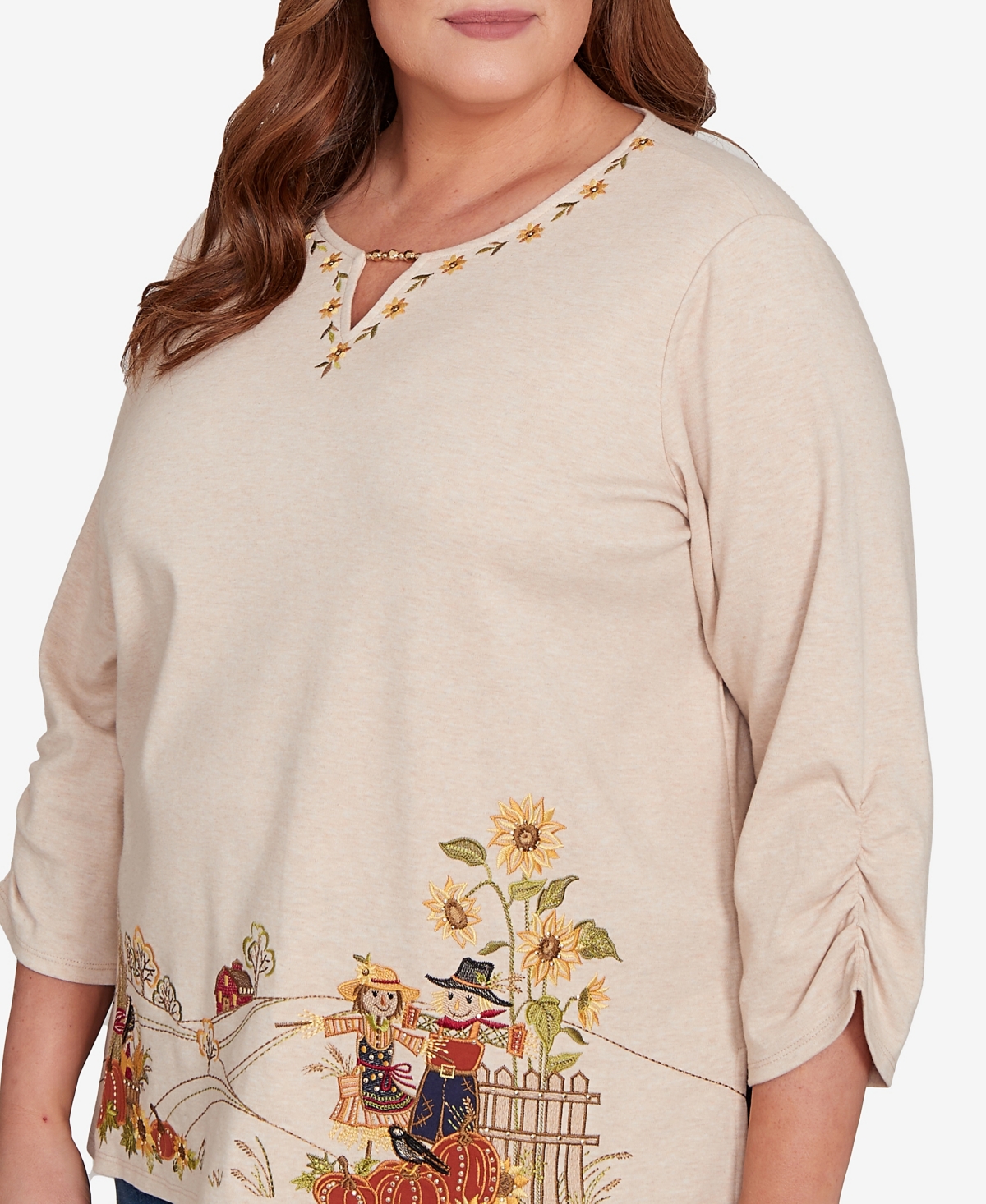 Alfred Dunner Plus Size Classic Scarecrow Bordered Keyhole Neck Top In Neutral