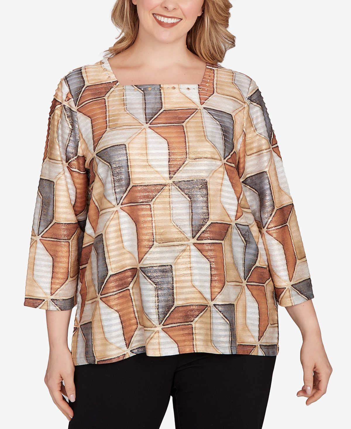 Alfred Dunner Plus Size Classic Stained Glass Square Neck Top In Multi