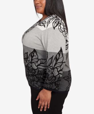Plus Size Classic Ombre Floral Block Stripe Sweater