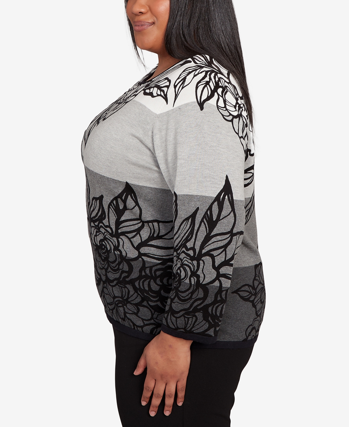 Alfred Dunner Plus Size Classic Ombre Floral Block Stripe Sweater In Gray