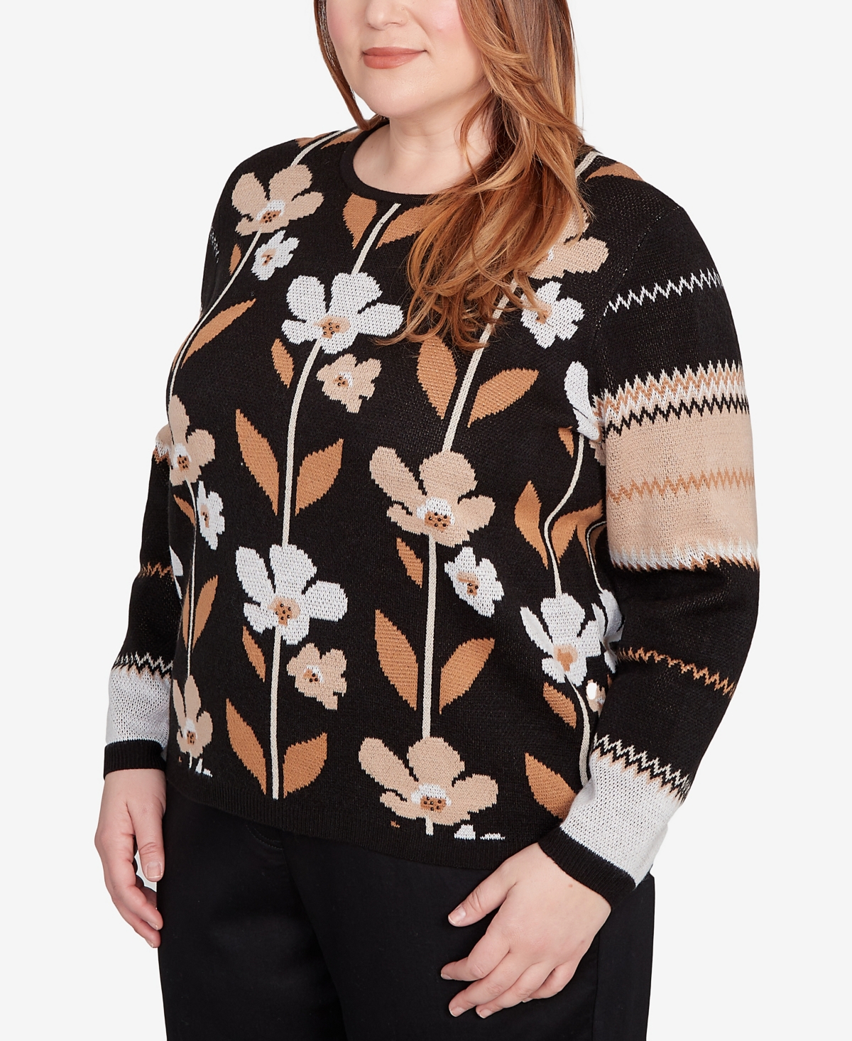 Alfred Dunner Plus Size Classic Vertical Flower Zig Zag Sweater In Black