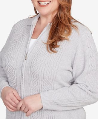 Plus Size Classic Zip-Front Chenille Collared Cardigan Sweater