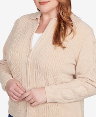 Plus Size Classic Zip-Front Chenille Collared Cardigan Sweater