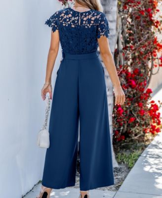 Women's Lace Short Sleeve Belted Jumpsuit