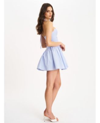 Women's Melody Baby Blue Railroad Stripe Halter Drop Waist Mini Dress