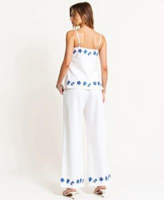 Women's Embroidered Floral Hem Camisole and Wide-Leg Pant Set