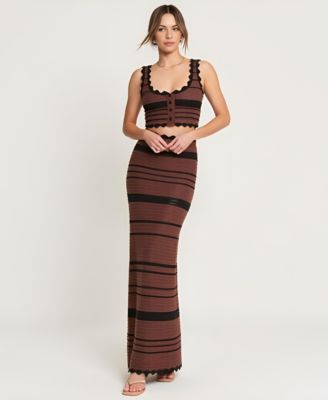 Women's Scallop Trim Crochet Striped Knit Crop Top and Maxi Skirt Set