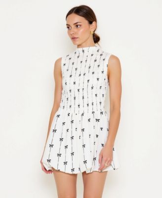 Women's Sleeveless Smocked High Neck Embroidered Mini Dress