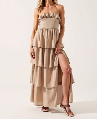 Women's Strapless Tiered Ruffle High Slit Maxi Dress