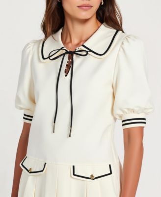 Women's Pleated Contrast Collar Bow Tie Mini Dress
